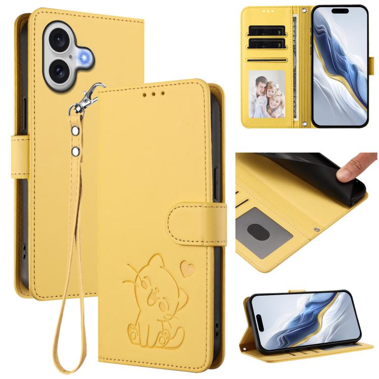 Custodia per telefono in pelle con ciondolo a forma di gatto e cuore in rilievo, completa di cinturino da polso., For iPhone 17 Pro, For iPhone 17
