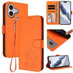 Custodia per telefono in pelle con ciondolo a forma di gatto e cuore in rilievo, completa di cinturino da polso., For iPhone 17 Pro, For iPhone 17