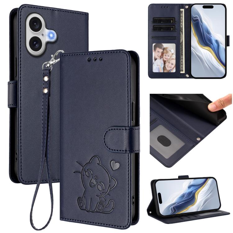 Custodia per telefono in pelle con ciondolo a forma di gatto e cuore in rilievo, completa di cinturino da polso., For iPhone 17 Pro, For iPhone 17