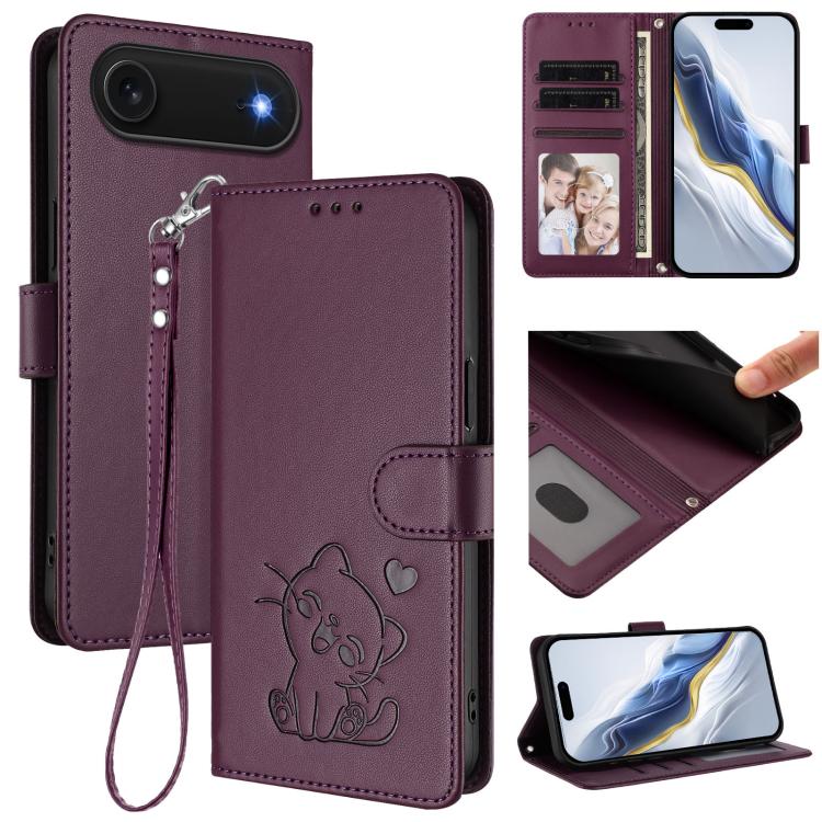 Custodia per telefono in pelle con ciondolo a forma di gatto e cuore in rilievo, completa di cinturino da polso., For iPhone Air, For iPhone 16 Pro Max