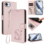 Custodia per telefono in pelle con ciondolo a forma di gatto e cuore in rilievo, completa di cinturino da polso., For iPhone 17e / 16e, For iPhone 17 Pro Max