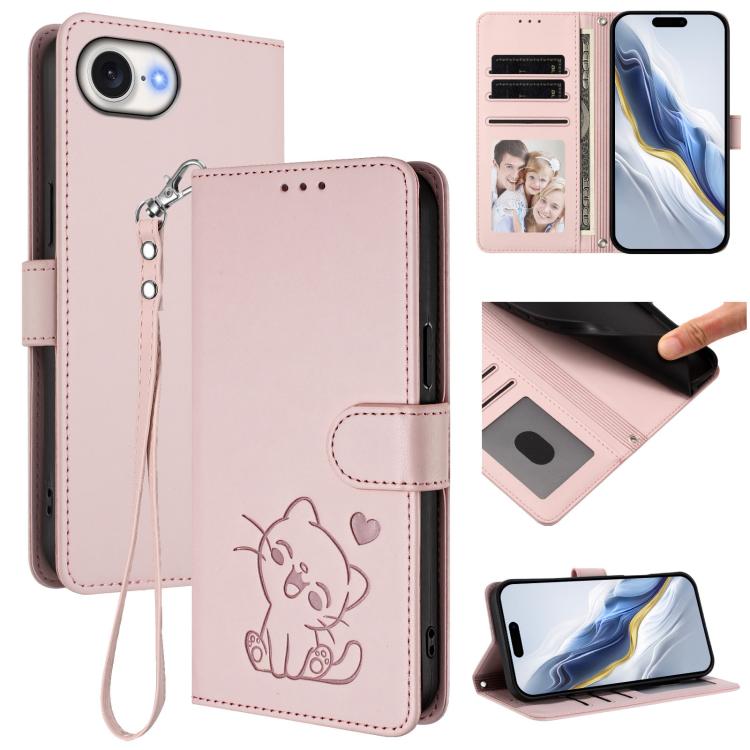Custodia per telefono in pelle con ciondolo a forma di gatto e cuore in rilievo, completa di cinturino da polso., For iPhone 17e / 16e, For iPhone 17 Pro Max