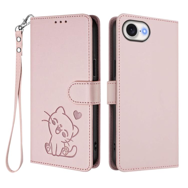 Custodia per telefono in pelle con ciondolo a forma di gatto e cuore in rilievo, completa di cinturino da polso., For iPhone 17e / 16e, For iPhone 17 Pro Max