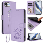 Custodia per telefono in pelle con ciondolo a forma di gatto e cuore in rilievo, completa di cinturino da polso., For iPhone 17e / 16e, For iPhone 17 Pro Max