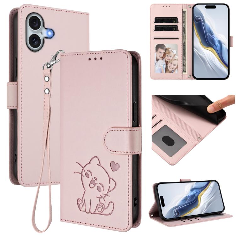 Custodia per telefono in pelle con ciondolo a forma di gatto e cuore in rilievo, completa di cinturino da polso., For iPhone 16 Pro, For iPhone 16 Plus