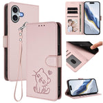 Custodia per telefono in pelle con ciondolo a forma di gatto e cuore in rilievo, completa di cinturino da polso., For iPhone 16, For iPhone 15 Pro Max