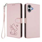 Custodia per telefono in pelle con ciondolo a forma di gatto e cuore in rilievo, completa di cinturino da polso., For iPhone 16, For iPhone 15 Pro Max