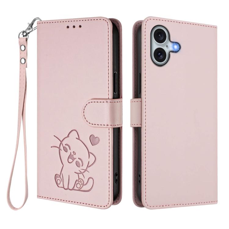 Custodia per telefono in pelle con ciondolo a forma di gatto e cuore in rilievo, completa di cinturino da polso., For iPhone 16, For iPhone 15 Pro Max