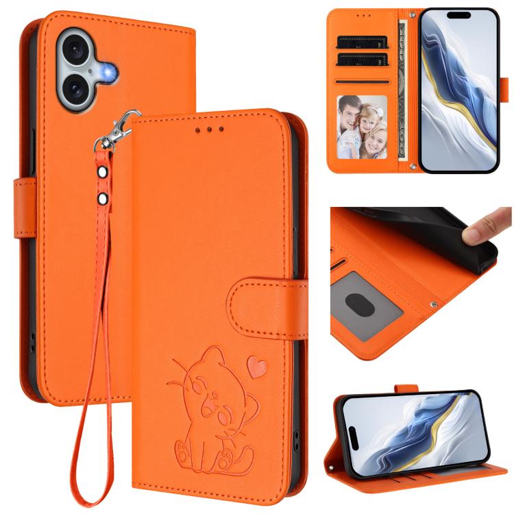 Custodia per telefono in pelle con ciondolo a forma di gatto e cuore in rilievo, completa di cinturino da polso., For iPhone 16, For iPhone 15 Pro Max