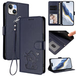 Custodia per telefono in pelle con ciondolo a forma di gatto e cuore in rilievo, completa di cinturino da polso., For iPhone 15 Pro, For iPhone 15 Plus