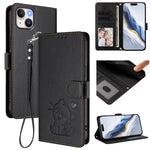 Custodia per telefono in pelle con ciondolo a forma di gatto e cuore in rilievo, completa di cinturino da polso., For iPhone 15, For iPhone 14 Plus