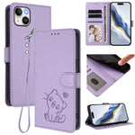 Custodia per telefono in pelle con ciondolo a forma di gatto e cuore in rilievo, completa di cinturino da polso., For iPhone 15, For iPhone 14 Plus
