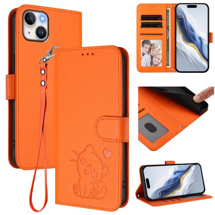 Custodia per telefono in pelle con ciondolo a forma di gatto e cuore in rilievo, completa di cinturino da polso., For iPhone 15, For iPhone 14 Plus