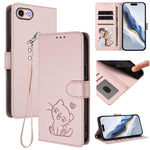 Custodia per telefono in pelle con ciondolo a forma di gatto e cuore in rilievo, completa di cinturino da polso., For iPhone 14 Pro Max, For iPhone 7 / 8 / SE 2022