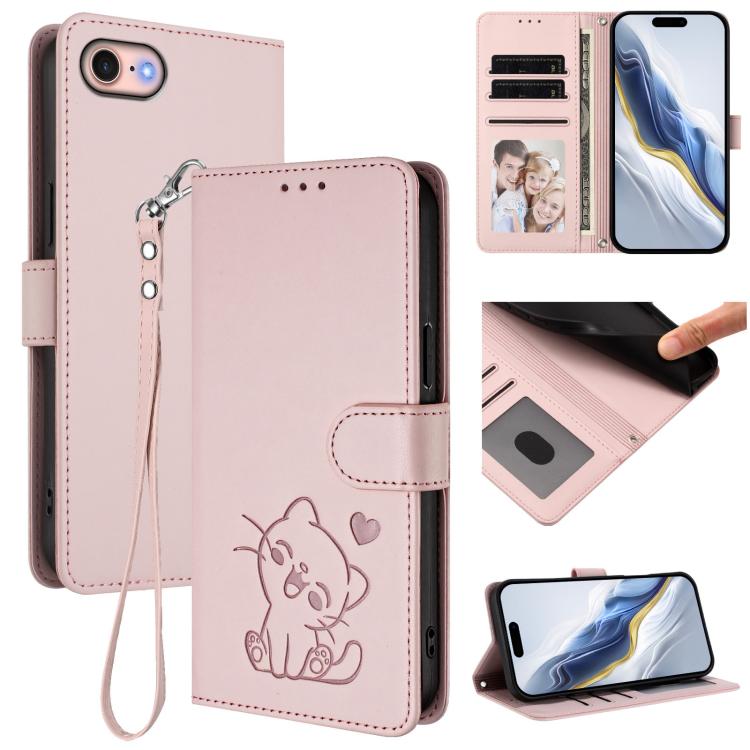 Custodia per telefono in pelle con ciondolo a forma di gatto e cuore in rilievo, completa di cinturino da polso., For iPhone 14 Pro Max, For iPhone 7 / 8 / SE 2022