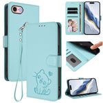 Custodia per telefono in pelle con ciondolo a forma di gatto e cuore in rilievo, completa di cinturino da polso., For iPhone 14 Pro Max, For iPhone 7 / 8 / SE 2022