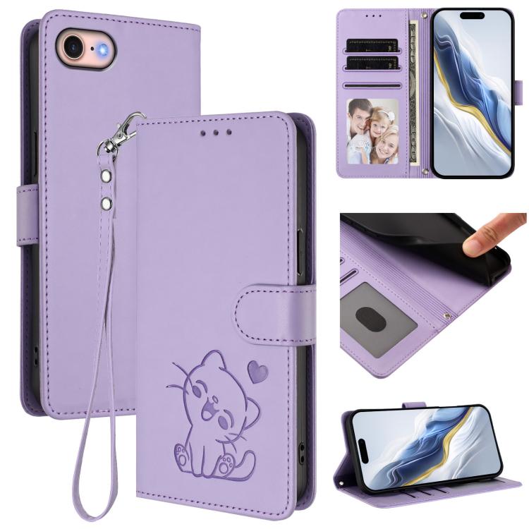 Custodia per telefono in pelle con ciondolo a forma di gatto e cuore in rilievo, completa di cinturino da polso., For iPhone 14 Pro Max, For iPhone 7 / 8 / SE 2022
