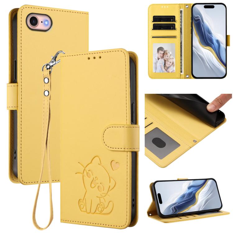 Custodia per telefono in pelle con ciondolo a forma di gatto e cuore in rilievo, completa di cinturino da polso., For iPhone 14 Pro Max, For iPhone 7 / 8 / SE 2022