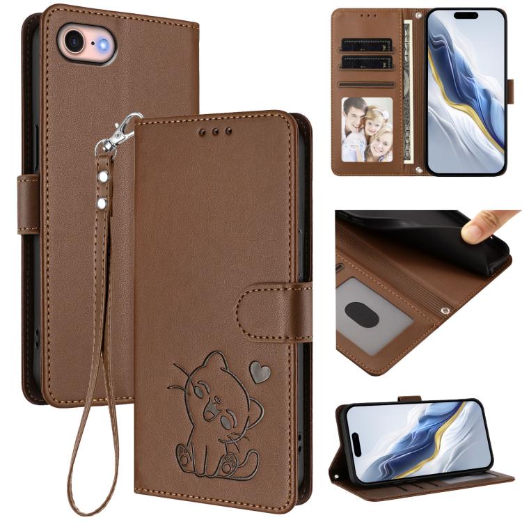 Custodia per telefono in pelle con ciondolo a forma di gatto e cuore in rilievo, completa di cinturino da polso., For iPhone 14 Pro Max, For iPhone 7 / 8 / SE 2022