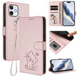 Custodia per telefono in pelle con ciondolo a forma di gatto e cuore in rilievo, completa di cinturino da polso., For iPhone 13 mini, For iPhone 12 / 12 Pro