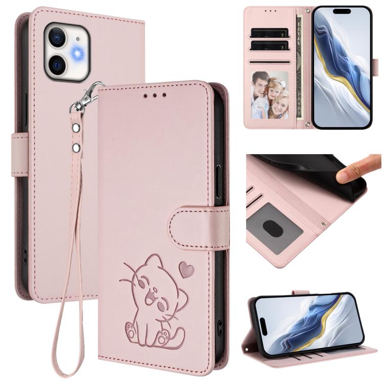 Custodia per telefono in pelle con ciondolo a forma di gatto e cuore in rilievo, completa di cinturino da polso., For iPhone 13 mini, For iPhone 12 / 12 Pro