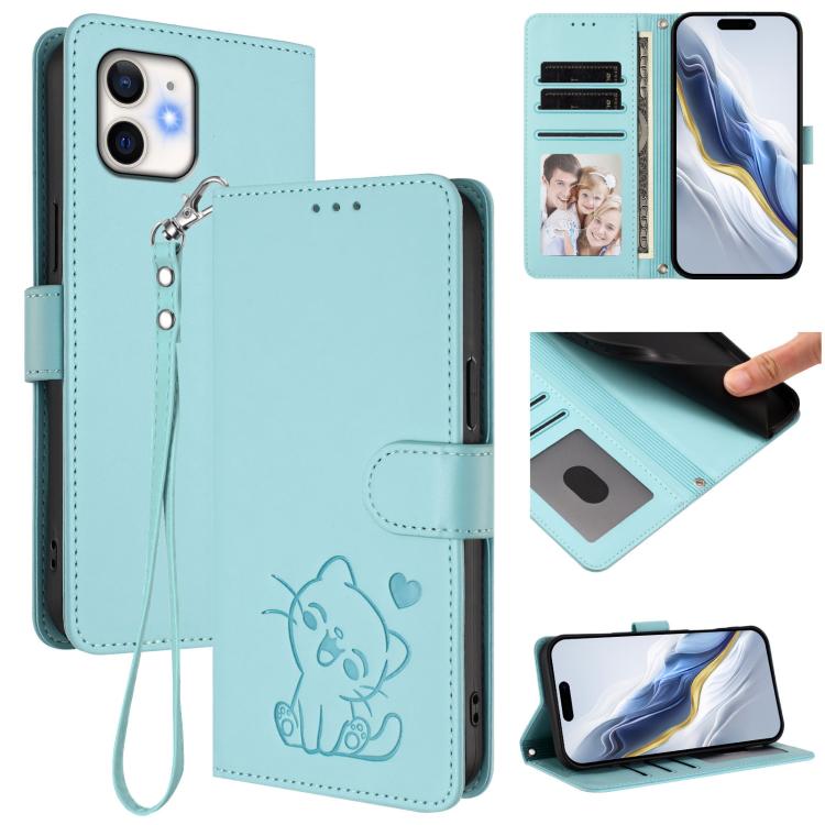 Custodia per telefono in pelle con ciondolo a forma di gatto e cuore in rilievo, completa di cinturino da polso., For iPhone 13 mini, For iPhone 12 / 12 Pro