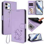 Custodia per telefono in pelle con ciondolo a forma di gatto e cuore in rilievo, completa di cinturino da polso., For iPhone 13 mini, For iPhone 12 / 12 Pro