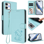 Custodia per telefono in pelle con ciondolo a forma di gatto e cuore in rilievo, completa di cinturino da polso., For iPhone 12 Pro Max, For iPhone 12 mini