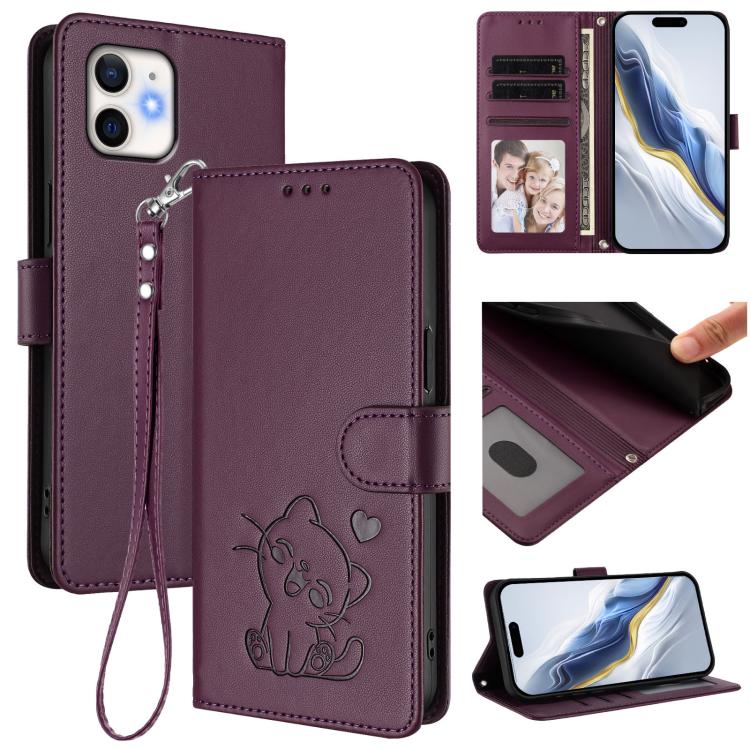 Custodia per telefono in pelle con ciondolo a forma di gatto e cuore in rilievo, completa di cinturino da polso., For iPhone 12 Pro Max, For iPhone 12 mini
