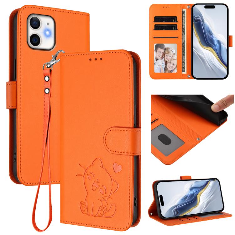 Custodia per telefono in pelle con ciondolo a forma di gatto e cuore in rilievo, completa di cinturino da polso., For iPhone 11 Pro Max, For iPhone 11