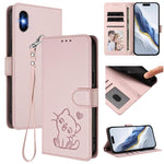 Custodia per telefono in pelle con ciondolo a forma di gatto e cuore in rilievo, completa di cinturino da polso., For iPhone 11 Pro, For iPhone X / XS