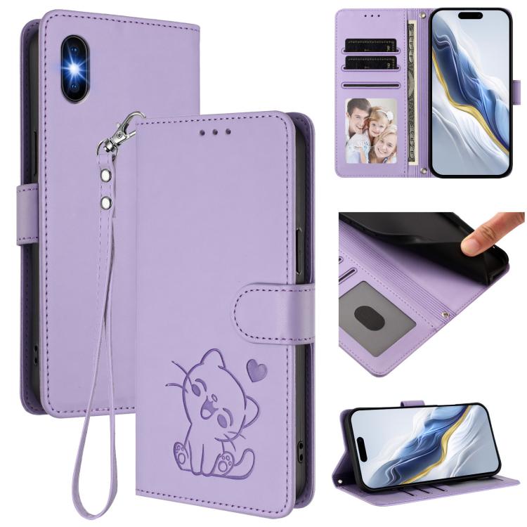 Custodia per telefono in pelle con ciondolo a forma di gatto e cuore in rilievo, completa di cinturino da polso., For iPhone 11 Pro, For iPhone X / XS