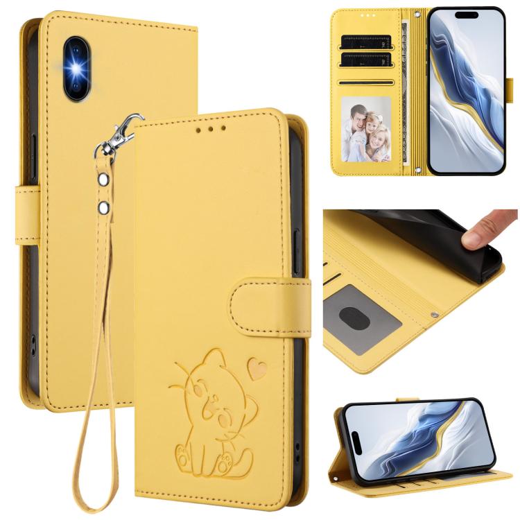 Custodia per telefono in pelle con ciondolo a forma di gatto e cuore in rilievo, completa di cinturino da polso., For iPhone 11 Pro, For iPhone X / XS