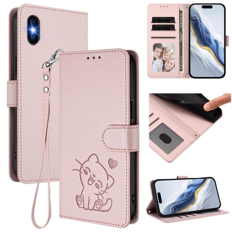 Custodia per telefono in pelle con ciondolo a forma di gatto e cuore in rilievo, completa di cinturino da polso., For iPhone XR, For iPhone XS Max