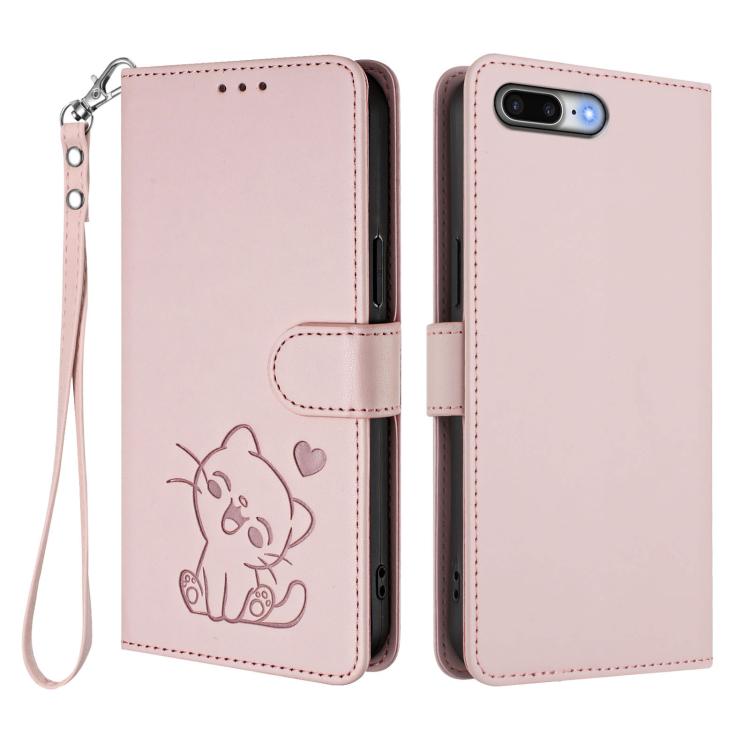 Custodia per telefono in pelle con ciondolo a forma di gatto e cuore in rilievo, completa di cinturino da polso., For iPhone 7 Plus / 8 Plus