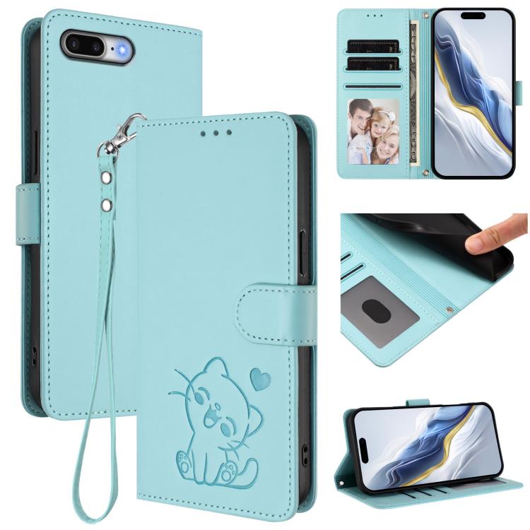 Custodia per telefono in pelle con ciondolo a forma di gatto e cuore in rilievo, completa di cinturino da polso., For iPhone 7 Plus / 8 Plus