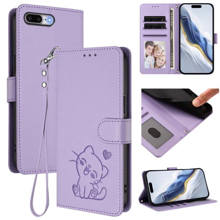 Custodia per telefono in pelle con ciondolo a forma di gatto e cuore in rilievo, completa di cinturino da polso., For iPhone 7 Plus / 8 Plus