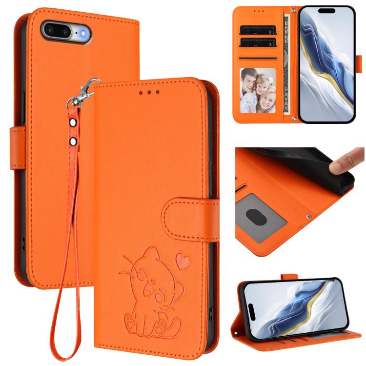Custodia per telefono in pelle con ciondolo a forma di gatto e cuore in rilievo, completa di cinturino da polso., For iPhone 7 Plus / 8 Plus