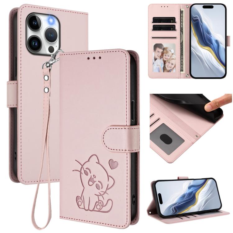 Custodia per telefono in pelle con ciondolo a forma di gatto e cuore in rilievo, completa di cinturino da polso., For iPhone 14 / 13, For iPhone 14 Pro