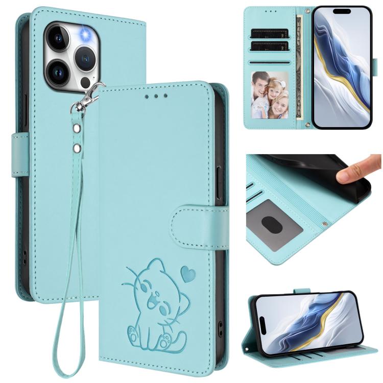 Custodia per telefono in pelle con ciondolo a forma di gatto e cuore in rilievo, completa di cinturino da polso., For iPhone 14 / 13, For iPhone 14 Pro