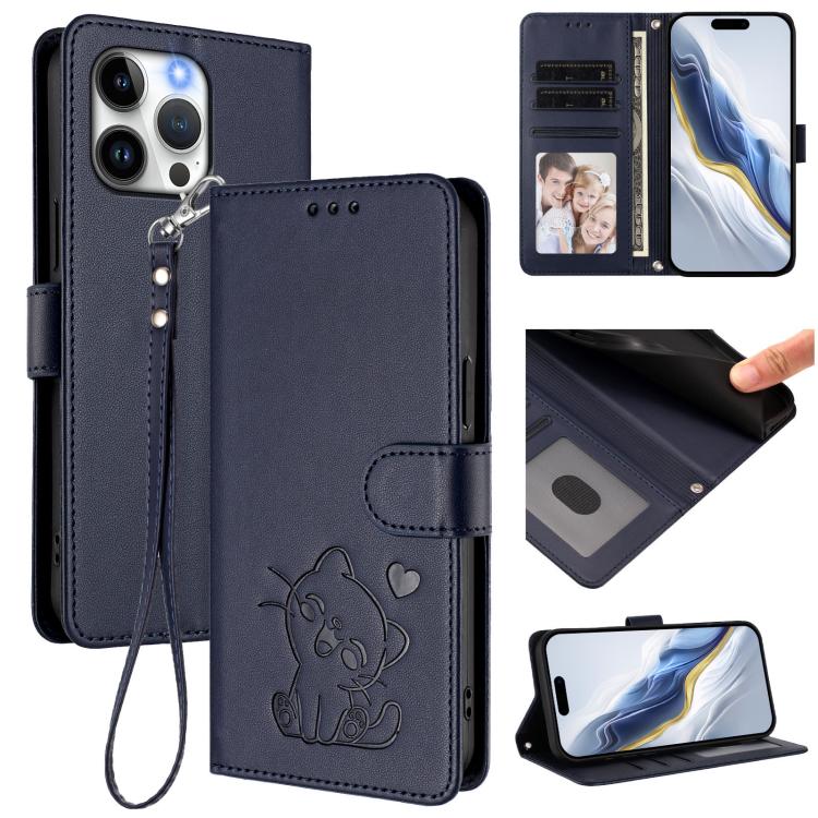 Custodia per telefono in pelle con ciondolo a forma di gatto e cuore in rilievo, completa di cinturino da polso., For iPhone 14 Pro Max, For iPhone 7 / 8 / SE 2022