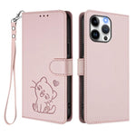 Custodia per telefono in pelle con ciondolo a forma di gatto e cuore in rilievo, completa di cinturino da polso., For iPhone 13 Pro Max, For iPhone 13 Pro