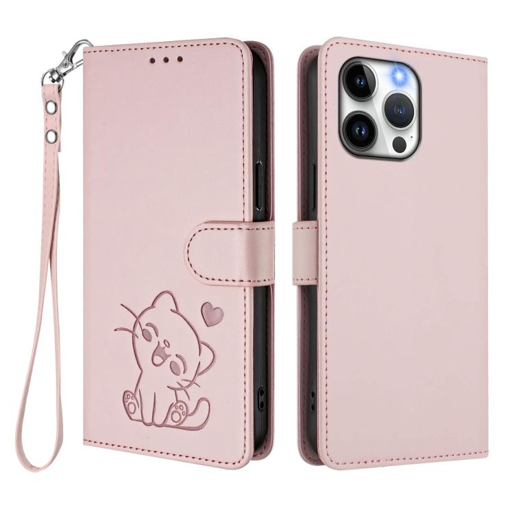 Custodia per telefono in pelle con ciondolo a forma di gatto e cuore in rilievo, completa di cinturino da polso., For iPhone 13 Pro Max, For iPhone 13 Pro
