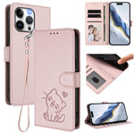 Custodia per telefono in pelle con ciondolo a forma di gatto e cuore in rilievo, completa di cinturino da polso., For iPhone 13 Pro Max, For iPhone 13 Pro