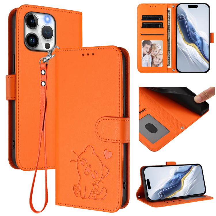 Custodia per telefono in pelle con ciondolo a forma di gatto e cuore in rilievo, completa di cinturino da polso., For iPhone 13 Pro Max, For iPhone 13 Pro
