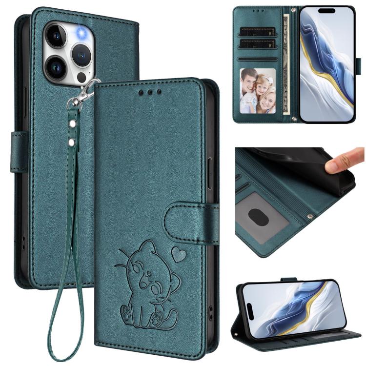 Custodia per telefono in pelle con ciondolo a forma di gatto e cuore in rilievo, completa di cinturino da polso., For iPhone 13 Pro Max, For iPhone 13 Pro