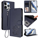 Custodia per telefono in pelle con ciondolo a forma di gatto e cuore in rilievo, completa di cinturino da polso., For iPhone 13 Pro Max, For iPhone 13 Pro