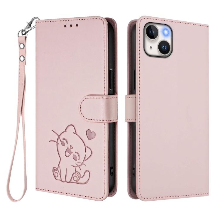 Custodia per telefono in pelle con ciondolo a forma di gatto e cuore in rilievo, completa di cinturino da polso., For iPhone 13 mini, For iPhone 12 / 12 Pro