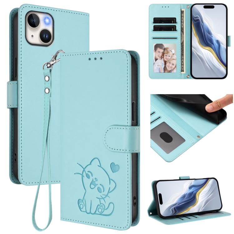 Custodia per telefono in pelle con ciondolo a forma di gatto e cuore in rilievo, completa di cinturino da polso., For iPhone 13 mini, For iPhone 12 / 12 Pro