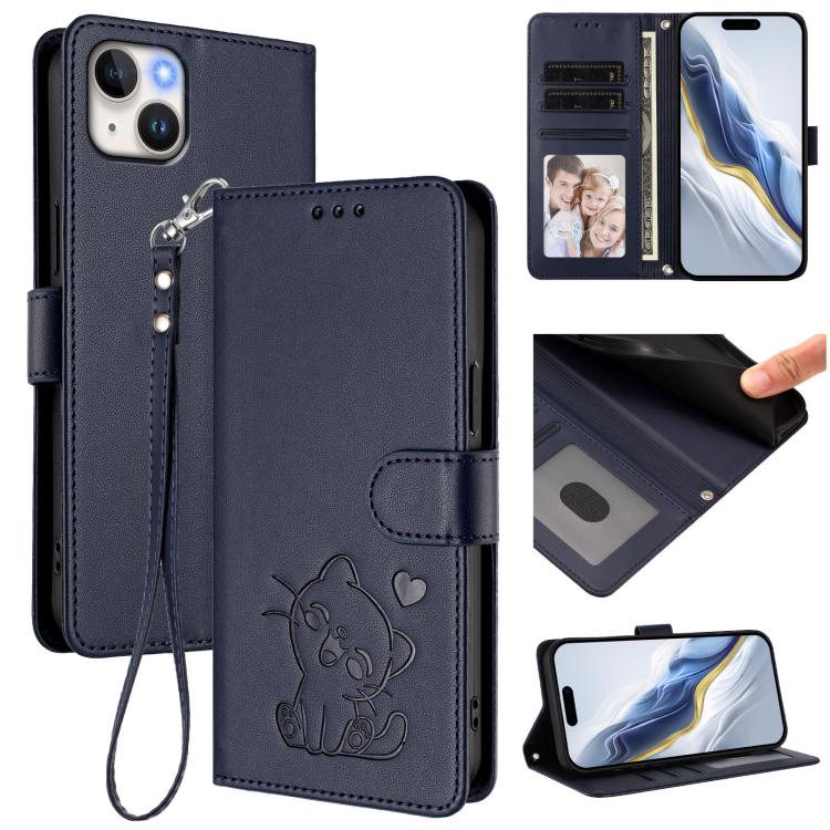 Custodia per telefono in pelle con ciondolo a forma di gatto e cuore in rilievo, completa di cinturino da polso., For iPhone 13 mini, For iPhone 12 / 12 Pro
